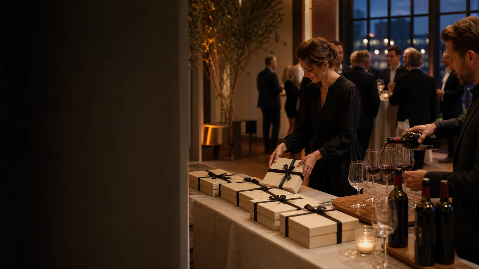 Cadouri cu vin pregătite pentru un eveniment corporate elegant