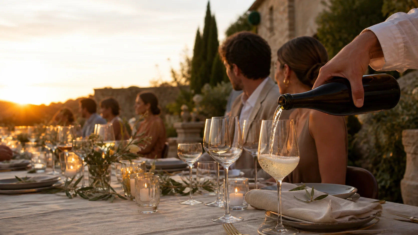 Vin spumant servit la o masă elegantă în timpul unui eveniment privat
